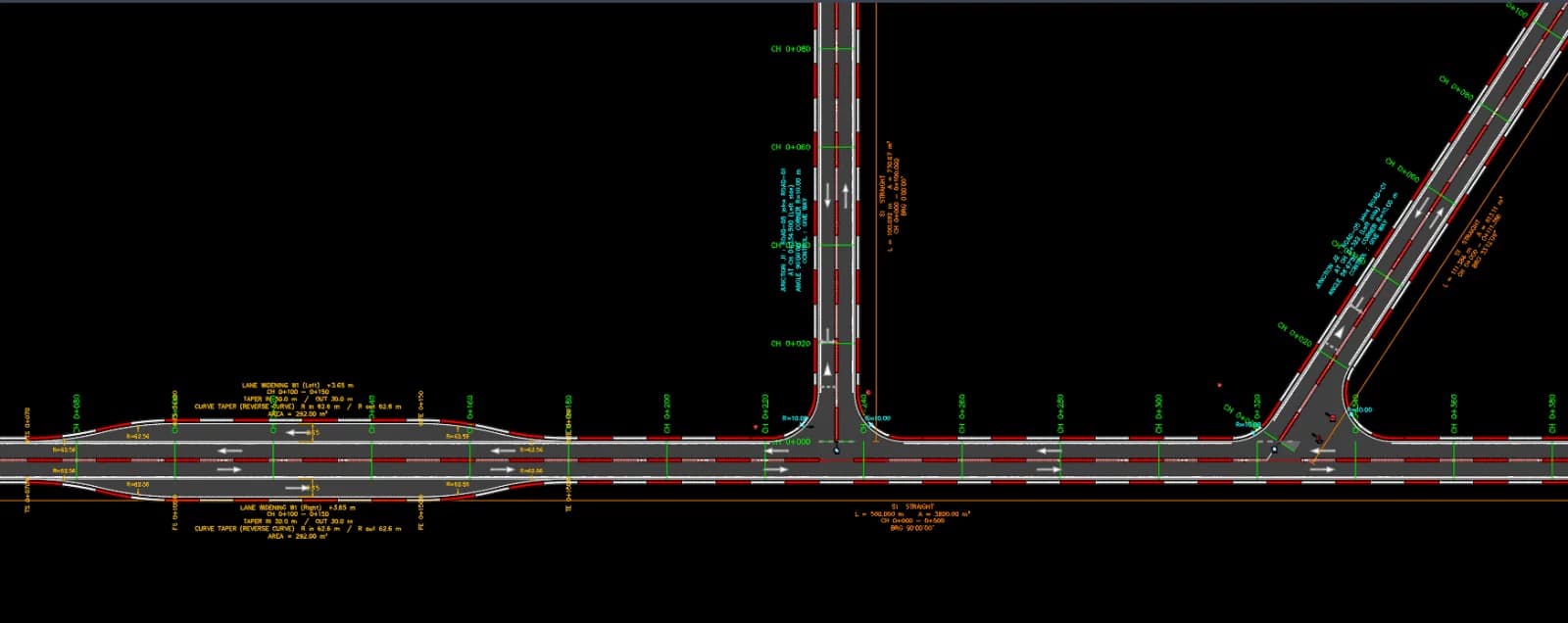 RoadPro in AutoCAD: lane widening, a T-junction and a skewed junction with kerb returns, road markings, barricades and chainage